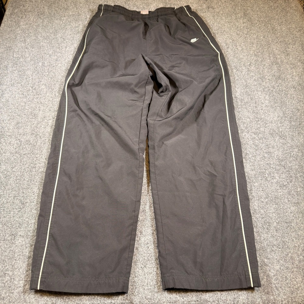Y2K Nike Windbreaker Track Pants Mens XL Black Baggy Wide Leg White Piping